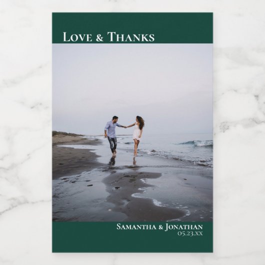 Liefde & Bedankt Emerald Green Wedding Foto Mini Wijn Etiket (Enkel label)