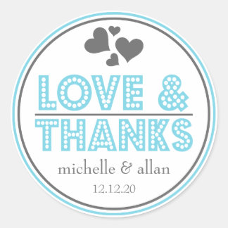 Liefde & Bedankt Favor Stickers (blauw / grijs)