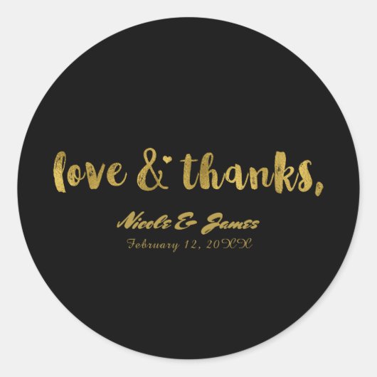 Liefde & Bedankt Goud Zwart Modern Chic Bruiloft F Ronde Sticker (Voorkant)