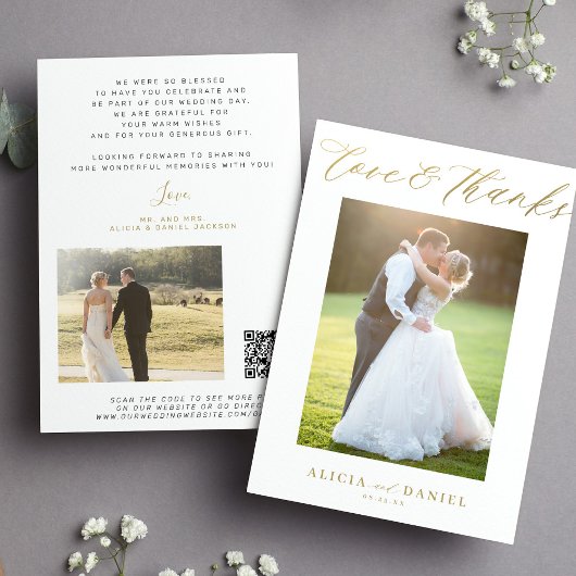 Liefde bedankt gouden script 2 foto bruiloft dank  kaart