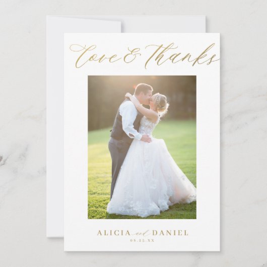 Liefde bedankt gouden script 2 foto bruiloft dank  kaart (Voorkant)