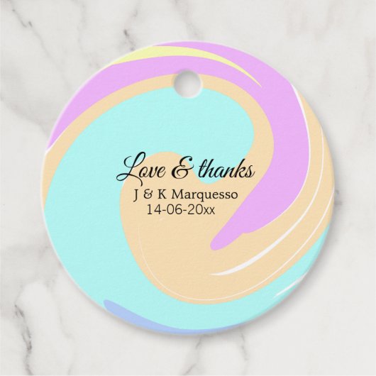 Liefde & bedankt kleurrijke marmeren bruiloft naam bedankjes labels (Voorkant)