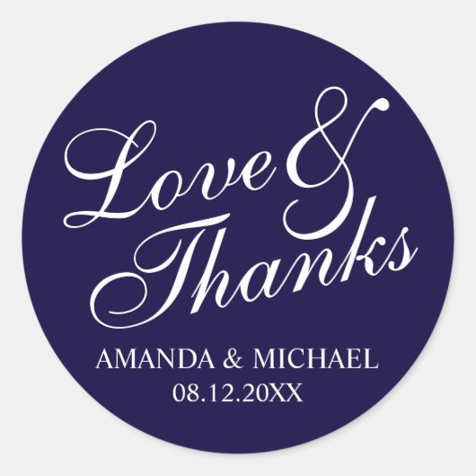 'Liefde & Bedankt marine & White Wedding Favor Ronde Sticker (Voorkant)