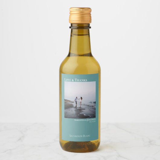 Liefde & Bedankt Minimalistisch Blauwgroen huwelij Wijn Etiket (Voorkant)