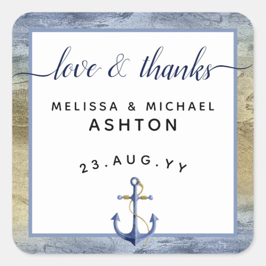 Liefde & Bedankt #Nautical Blue & Gold #Wedding Fa Vierkante Sticker (Voorkant)
