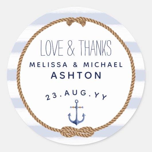 Liefde & Bedankt Nautical Blue & White Wedding Fav Ronde Sticker (Voorkant)