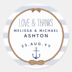 Liefde & Bedankt Nautical Blue & White Wedding Fav Ronde Sticker