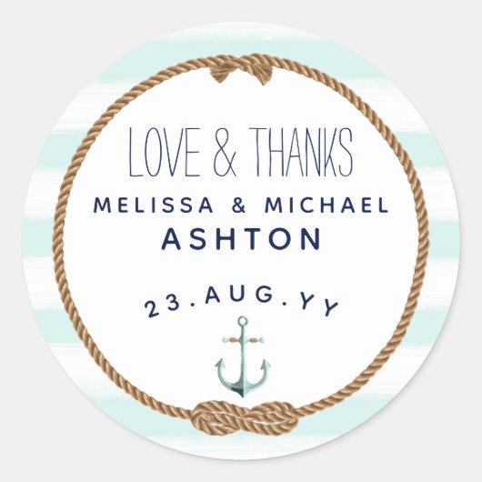 Liefde & Bedankt Nautical Mint & White Wedding Fav Ronde Sticker (Voorkant)