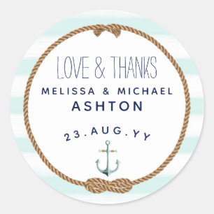 Liefde & Bedankt Nautical Mint & White Wedding Fav Ronde Sticker