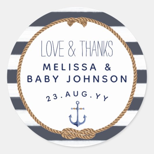 Liefde & Bedankt Nautical Navy Blue Baby shower Fa Ronde Sticker (Voorkant)