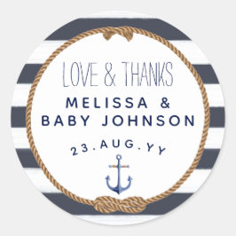 Liefde & Bedankt Nautical Navy Blue Baby shower Fa Ronde Sticker