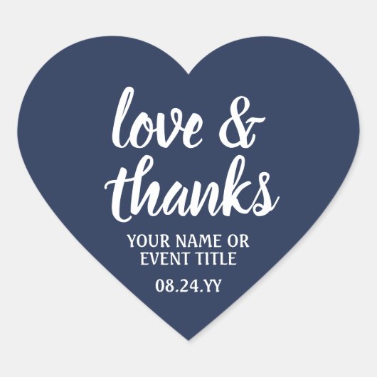 Liefde & Bedankt Navy Blauw & Wit Eenvoudig Script Hart Sticker (Voorkant)