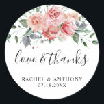 Liefde & Bedankt Roze Waterverf Weddenschap Ronde Sticker<br><div class="desc">"love and bedankt" trouwsticker,  hand-lettertype met lettertype,  met roze waterverf rozen</div>