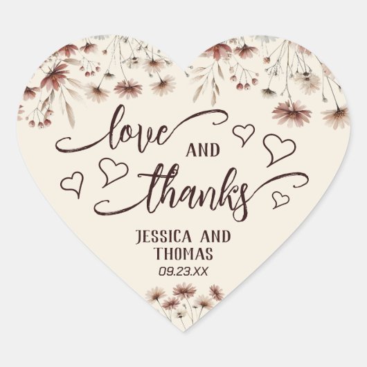 Liefde & Bedankt Rustiek Boho Chic Wildflowers Huw Hart Sticker (Voorkant)