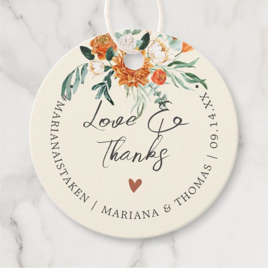 Liefde & Bedankt Sinaasappel Bloemen Ivoor Bruilof Bedankjes Labels (Voorkant)