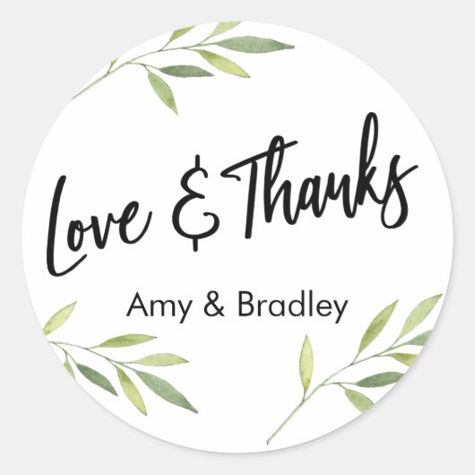 Liefde & Bedankt Typografie, Groene Waterverf Blad Ronde Sticker (Voorkant)