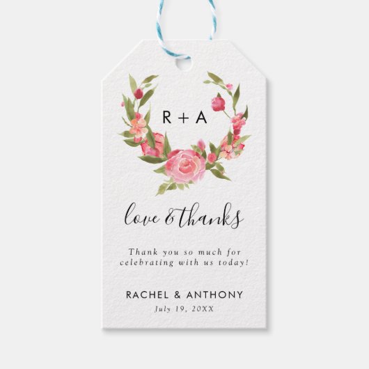 Liefde & bedankt Waterverf Roze Rose Krans Trouwen Cadeaulabel (Voorkant)