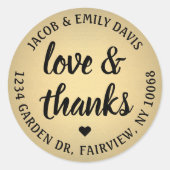 Liefde & Bedankt Zwart en Goud Retouradreslabel Ronde Sticker (Voorkant)