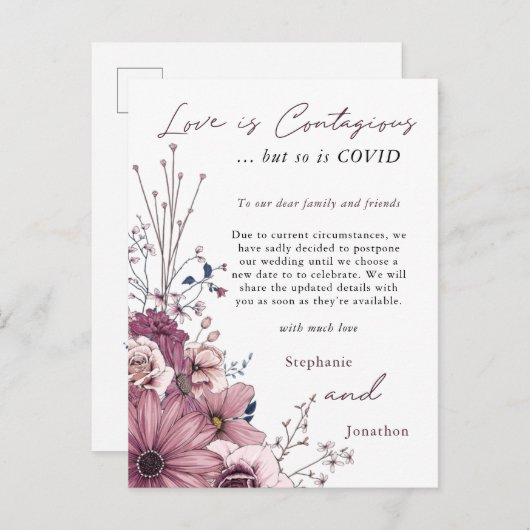 Liefde besmettelijke bruiloft Postpone PInk Lila F Aankondigingskaart (Voorkant / Achterkant)