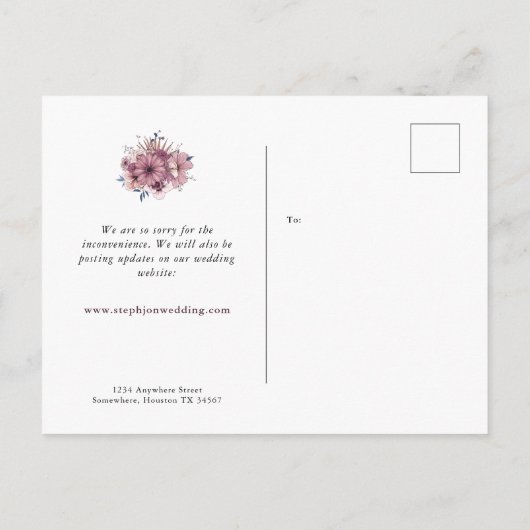 Liefde besmettelijke bruiloft Postpone PInk Lila F Aankondigingskaart (Achterkant)