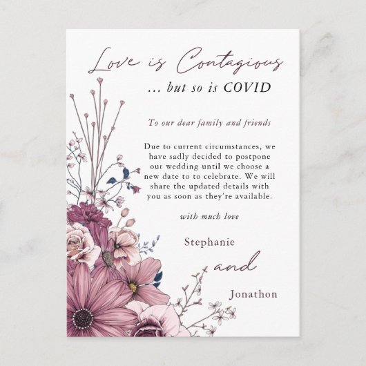 Liefde besmettelijke bruiloft Postpone PInk Lila F Aankondigingskaart (Voorkant)