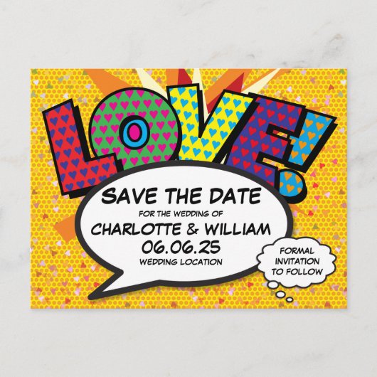 LIEFDE Bewaar de datum Leuk Retro Strip Pop Art Briefkaart (Voorkant)