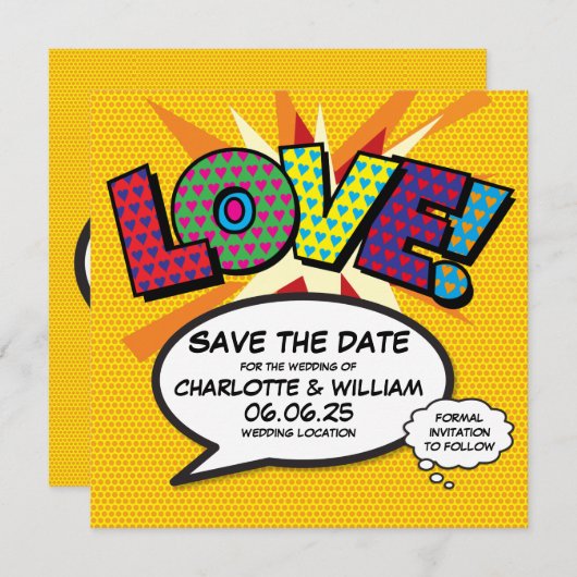 LIEFDE Bewaar de datum Leuk Retro Strip Pop Art Save The Date (Voorkant / Achterkant)