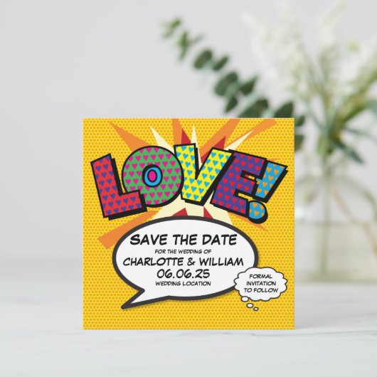 LIEFDE Bewaar de datum Leuk Retro Strip Pop Art Save The Date (Staand voorkant)