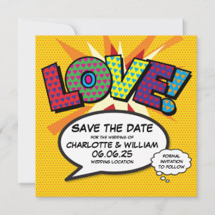 LIEFDE Bewaar de datum Leuk Retro Strip Pop Art Save The Date