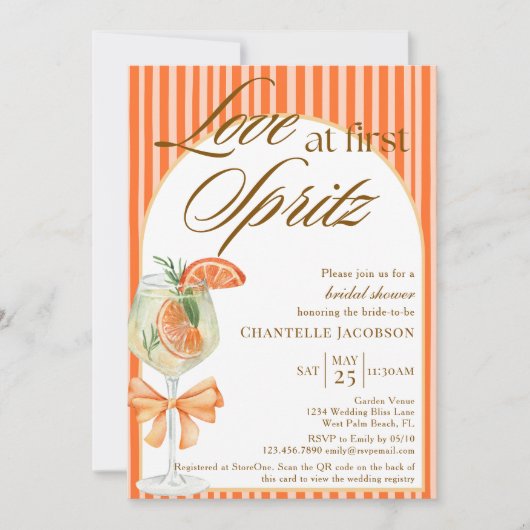 Liefde bij eerste Spritz QR Code Oranje Vrijgezell Kaart (Voorkant)