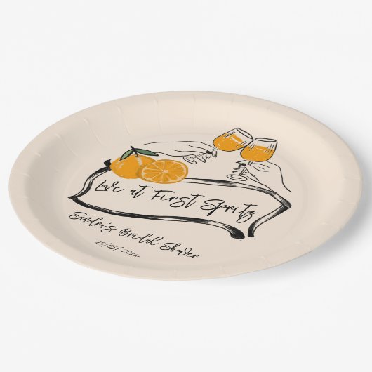 Liefde bij eerste spritz retro sinaasappel vrijgez papieren bordje (Gekanteld)