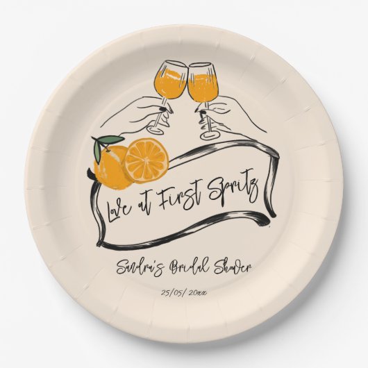Liefde bij eerste spritz retro sinaasappel vrijgez papieren bordje (Voorkant)