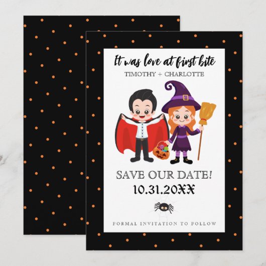 Liefde bij First Bite Halloween Save the Date (Voorkant / Achterkant)