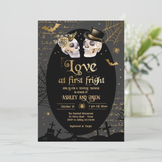 Liefde bij First Fright Halloween Couples Douche Kaart (Staand voorkant)