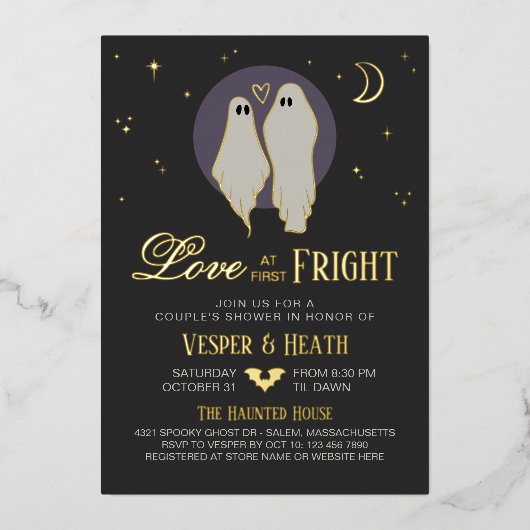 Liefde bij First Fright Halloween Couple's Shower Folie Uitnodiging (Voorkant)