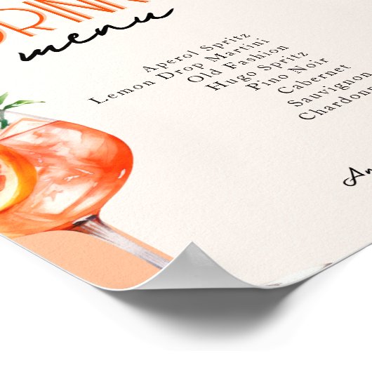 Liefde bij First Spritz Wedding Drinken Menu Poster (Hoek)