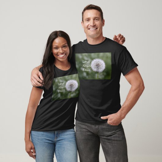 Liefde blijft Dandelion 1 Corinthians nooit overva T-shirt (Unisex)