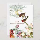 Liefde Bloeiende Vogels & Bloemen Bruiloft Uitnodi Kaart (Voorkant)