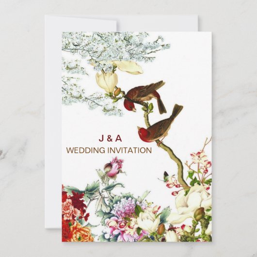 Liefde Bloeiende Vogels & Bloemen Bruiloft Uitnodi Kaart (Voorkant)