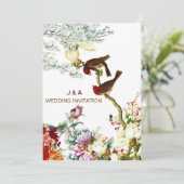 Liefde Bloeiende Vogels & Bloemen Bruiloft Uitnodi Kaart (Staand voorkant)