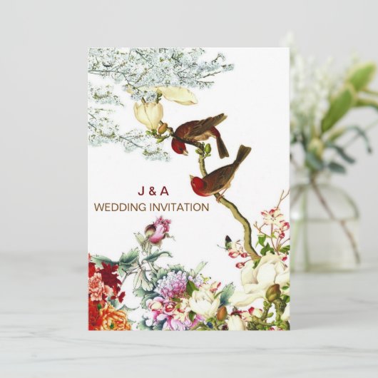 Liefde Bloeiende Vogels & Bloemen Bruiloft Uitnodi Kaart (Staand voorkant)