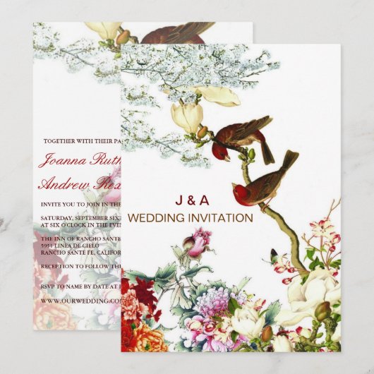 Liefde Bloeiende Vogels & Bloemen Bruiloft Uitnodi Kaart (Voorkant / Achterkant)