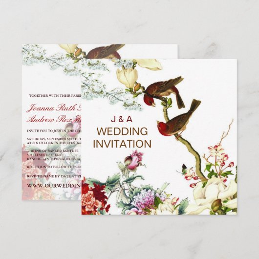 Liefde Bloeiende Vogels & Bloemen Bruiloft Uitnodi Kaart (Voorkant / Achterkant)