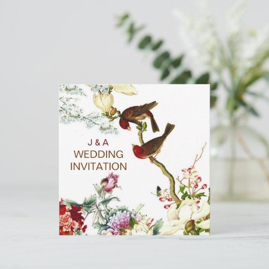 Liefde Bloeiende Vogels & Bloemen Bruiloft Uitnodi Kaart (Staand voorkant)