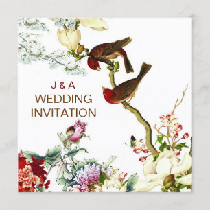 Liefde Bloeiende Vogels & Bloemen Bruiloft Uitnodi Kaart