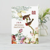 Liefde bloeiende vogels en bloemen Chinese bruilof Kaart (Staand voorkant)