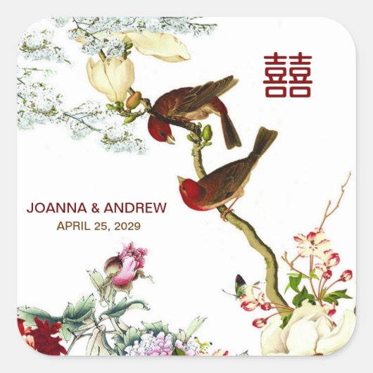 Liefde bloeiende vogels en bloemen Chinese bruilof Vierkante Sticker (Voorkant)