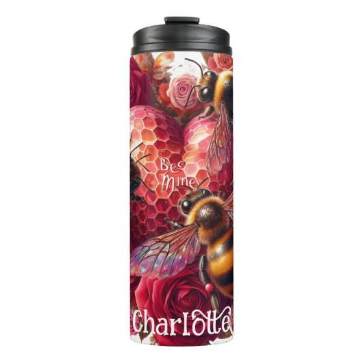 Liefde Bloeit: Bijen, Rozen, Harten Thermosbeker (Voorkant)