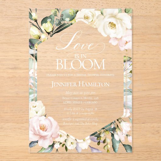 Liefde bloeit | Boho Floral Vrijgezellenfeest Acryl Uitnodigingen (Voorkant)