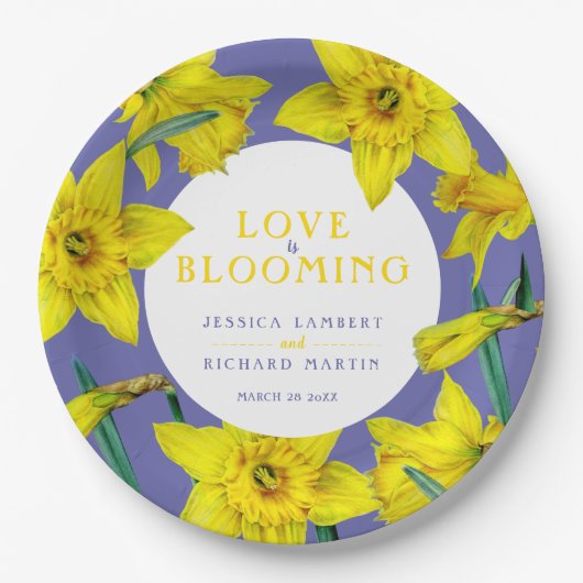 Liefde bloeit de gele lente bruiloft papieren bordje (Voorkant)